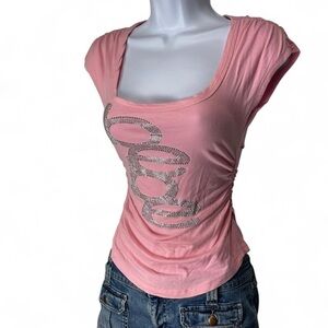 Vtg Y2K Bebe Ruched Fitted Pink Rhinestone Baby Tee
